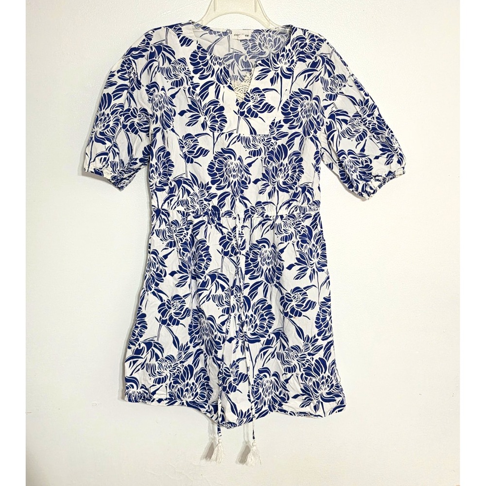 Chloe + Rene Blue Floral Puff Sleeve Mini Dress Tassel Hem Womens M